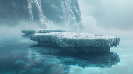 Wall Mural -  A floating ice patch on a water body, adjacent to a tall mountain shrouded in fog and mist