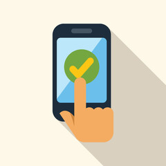 Poster - hand is confirming an action on a smartphone by tapping a check mark icon