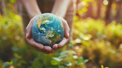 human hands hold green earth with environmental icons. save the earth. sustainable environmental con