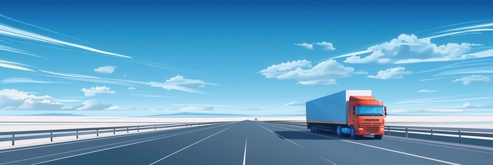 Poster - A red semi-truck drives on a highway under a clear blue sky with white clouds. Generative AI