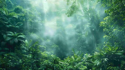 Poster -  A forest teeming with numerous green plants, abundant daylight filtering through tree canopies