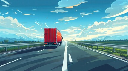 Poster - A red semi-truck drives down a straight highway with a bright blue sky and fluffy white clouds overhead. Generative AI