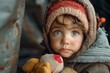 © siripimon2525 - Close-up portrait of a child clutching a toy, sitting in a temporary shelter with a sad expression, hyper-realistic, high detail, photorealistic, evacuation, childhood trauma