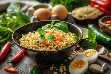 Poster - A bowl of instant noodles topped with fresh herbs, peppers, and sliced eggs sits on a rustic kitchen table, surrounded by additional ingredients. Generative AI