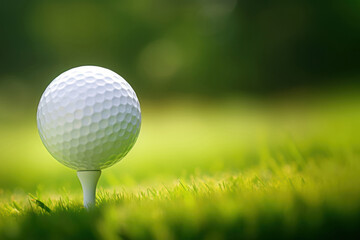 Poster - photo of a close up the golf ball on tee pegs ready to play, light green, natural light.