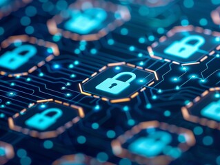 Poster - abstract cybersecurity concept - network security with padlocks and circuit boards - digital data pr