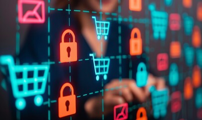 Poster - woman touching digital screen with secure shopping cart and lock icons - e-commerce security concept
