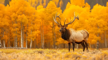 Canvas Print -  A large elk atop a grass-covered field borders a forest of golden and orange treetops