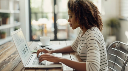 Wall Mural - Young african american businesswoman using laptop computer in cafe, sitting at desk, smiling. Female entrepreneur working, looking at technology, success and happiness.