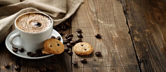 Sticker - Coffee served with a snack on a table displaying a copy space image