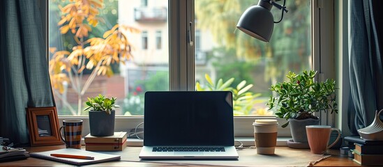 Poster - Comfortable workplace near windows with decorations laptop coffee cup and office supplies creating a cozy environment with copy space image