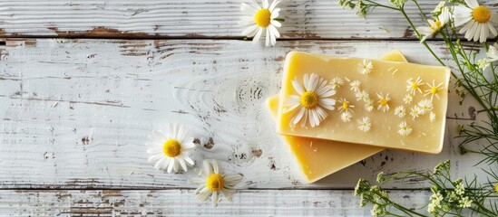 Poster - Chamomile flower adorned soap bar displayed on a white wooden surface with a copy space image
