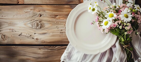 Aufkleber - Bouquet on wooden table next to ceramic plates creates a charming scene in the copy space image