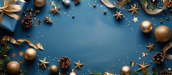 Aufkleber - Flat lay Christmas frame border featuring golden balls stars and ribbon on a blue background with copy space image