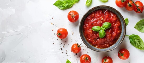 Aufkleber - Top view of cherry tomatoes green basil and tomato sauce in a bowl on a white background with copy space image