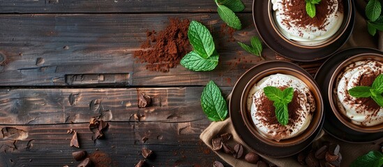 Poster - An appetizing tiramisu dessert set on a dark wooden backdrop adorned with fresh mint featuring ample copy space image for added creativity