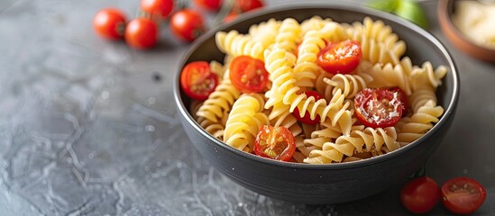 Aufkleber - Bowl with raw pasta and cherry tomatoes displaying an appealing copy space image