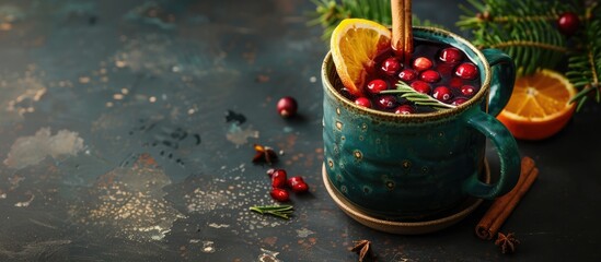 Sticker - A Christmas themed winter drink mulled wine with red orange cinnamon cranberry and rosemary served in a green ceramic mug on a dark table with copy space image