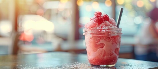 Aufkleber - A delightful Hawaiian shaved ice dessert in a Mason Jar with a clear view and ample copy space image
