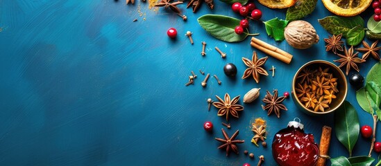 Aufkleber - View from above of Christmas spices on a blue background with copy space image available
