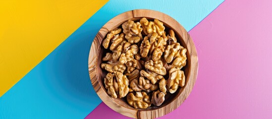 Aufkleber - Close up top view of walnut kernel halves in a wooden bowl on a colorful background Illustrates healthy eating with a focus on walnuts as superfoods with copy space image