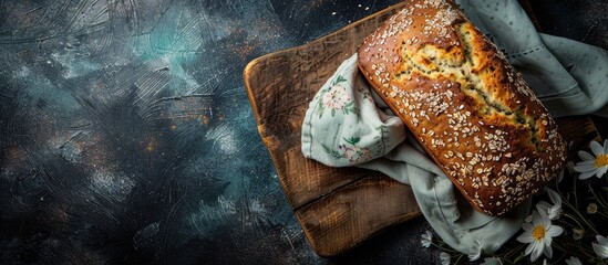 Poster - A delicious loaf of banana bread perfect for breakfast or a snack with a rustic touch displayed on a wooden cutting board with a floral napkin ready to enjoy presented in a copy space image