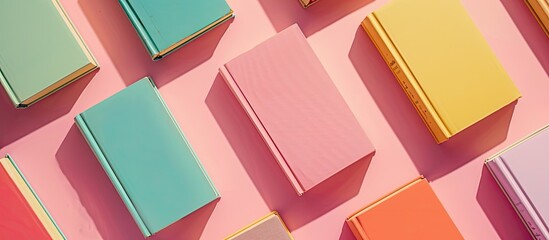 Poster - Colorful hardcover books placed on a soft pastel pink surface showcasing themes like education self learning book swap and bookcrossing The arrangement offers a top view perspective with ample copy s