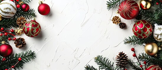 Poster - Christmas composition with ornaments and tree branches on a white background with a copy space image