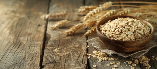 Poster - A bountiful harvest of oat ears displayed on a wooden table with a bowl of healthy and fresh dry oatmeal in a copy space image
