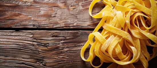 Aufkleber - A close up image of homemade tagliatelle pasta displayed on a wooden surface with copy space image available