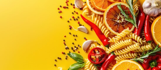 Poster - Colorful ingredients for vegetarian food preparation like dried fusilli pasta red chili peppers orange slices and garlic displayed on a bright yellow backdrop with room for text or other visuals