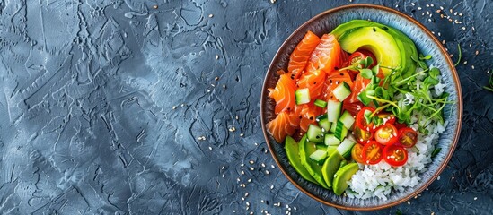 Aufkleber - A classic Hawaiian Poke salad featuring salmon avocado rice and veggies beautifully arranged in a bowl with copy space image