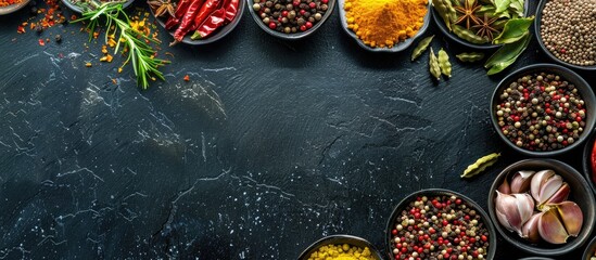 Poster - Top view of an array of vibrant spices against a black backdrop with copy space image