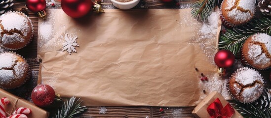 Aufkleber - Top down view of a paper with Christmas greetings muffins snow and a Christmas tree featuring copy space image