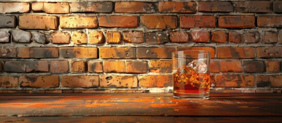 Poster - Bar concept with whiskey and ice on a wooden table against a brick wall background providing copy space for an image Alcohol drinks are featured