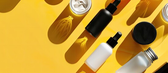 Poster - Top view of cosmetic product bottles on a yellow white backdrop with shadows under harsh lighting for a copy space image