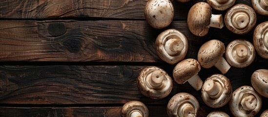 Poster - Top down view of champignons mushrooms displayed on a dark wooden surface with ample copy space image available for text