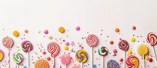 Aufkleber - An assortment of vibrant candies and lollipops set against a white backdrop providing ample copy space image