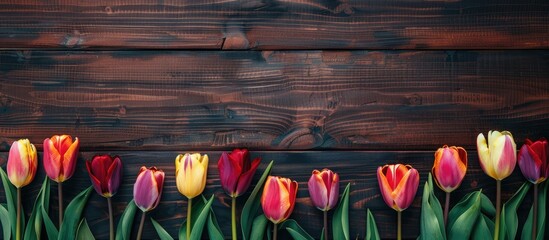 Aufkleber - Top view of colorful tulips on a dark wooden surface offering a space for text within the image. Creative banner. Copyspace image