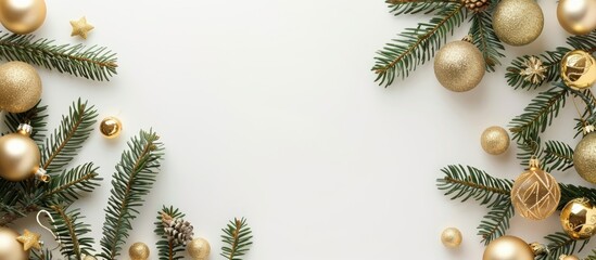 Sticker - Top view of Christmas decorations in gold hues placed on a white backdrop embodying a festive and celebratory theme with copy space image