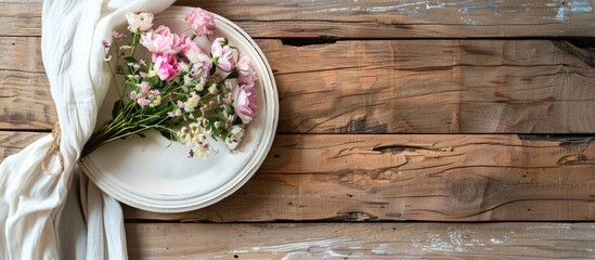 Aufkleber - Bouquet on wooden table next to ceramic plates creates a charming scene in the copy space image