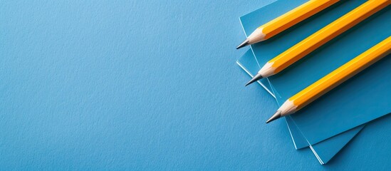 Aufkleber - Aerial view of yellow pencils and blank paper against a blue backdrop with copy space image