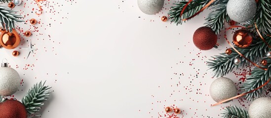Poster - Christmas and New Year concept depicted in a decorative frame on a white background with greeting cards made from tinsel and Christmas balls featuring a top view in a flat lay style with copy space im