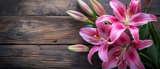 Aufkleber - Close up of Lily flowers on a wooden background with copy space image