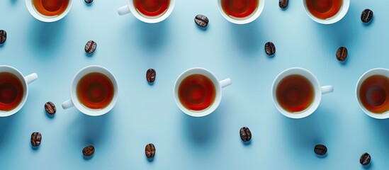 Poster - A flat lay arrangement with cups of fragrant black tea on a light blue backdrop providing space for text alongside the image. Creative banner. Copyspace image