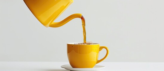 Aufkleber - Coffee being poured from a yellow pot into a clear mug set on a white background creating a perfect copy space image