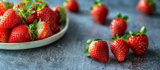 Poster - Close up of ripe strawberries on a plate with available copy space image