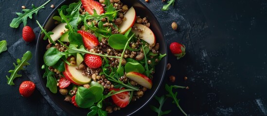 Poster - Apple salad with strawberries buckwheat and greens in a black bowl on a dark granite surface with copy space image
