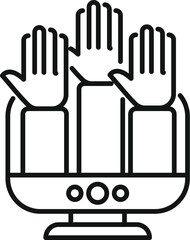 Poster - Hands are being raised on a computer screen representing online voting and participation