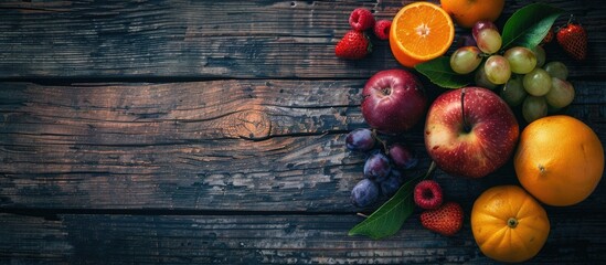 Poster - Assortment of fruits displayed on a vintage wooden surface with ample copy space image